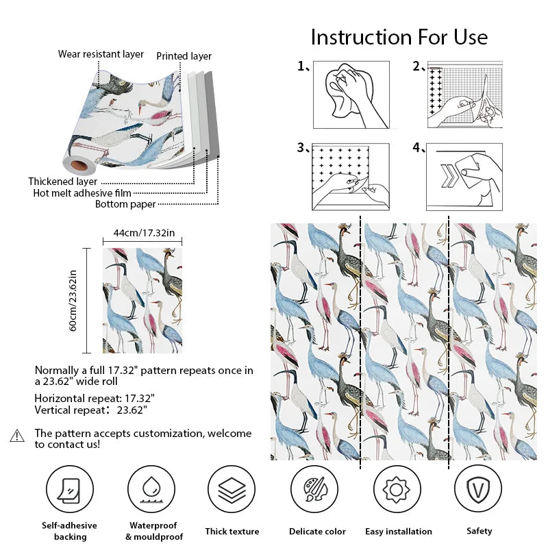 papier peint ancien oiseaux - WHITE / 3mx44m / CHINA