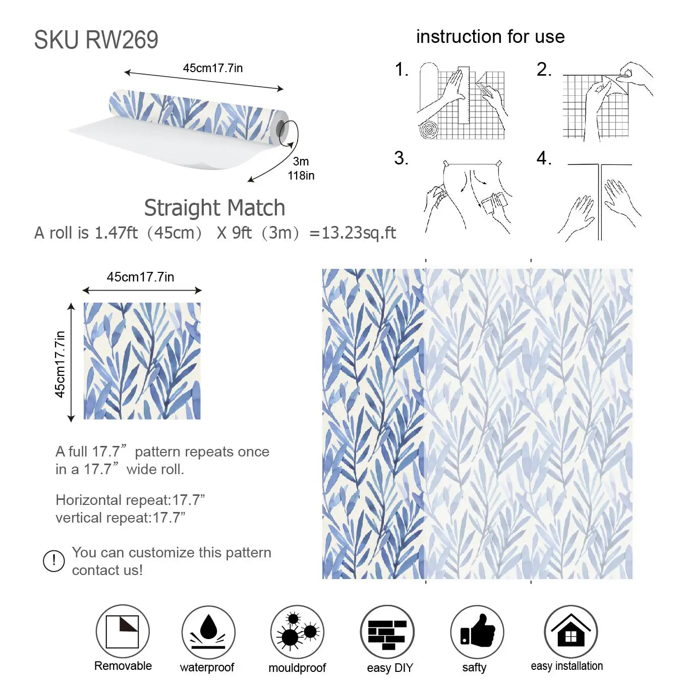 papier peint feuillage bleu - 3mx45cm